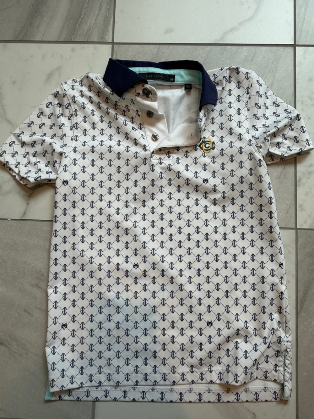 Greyson White Polo with Navy Geometric Pattern & Navy Collar - Picture 3 of 4